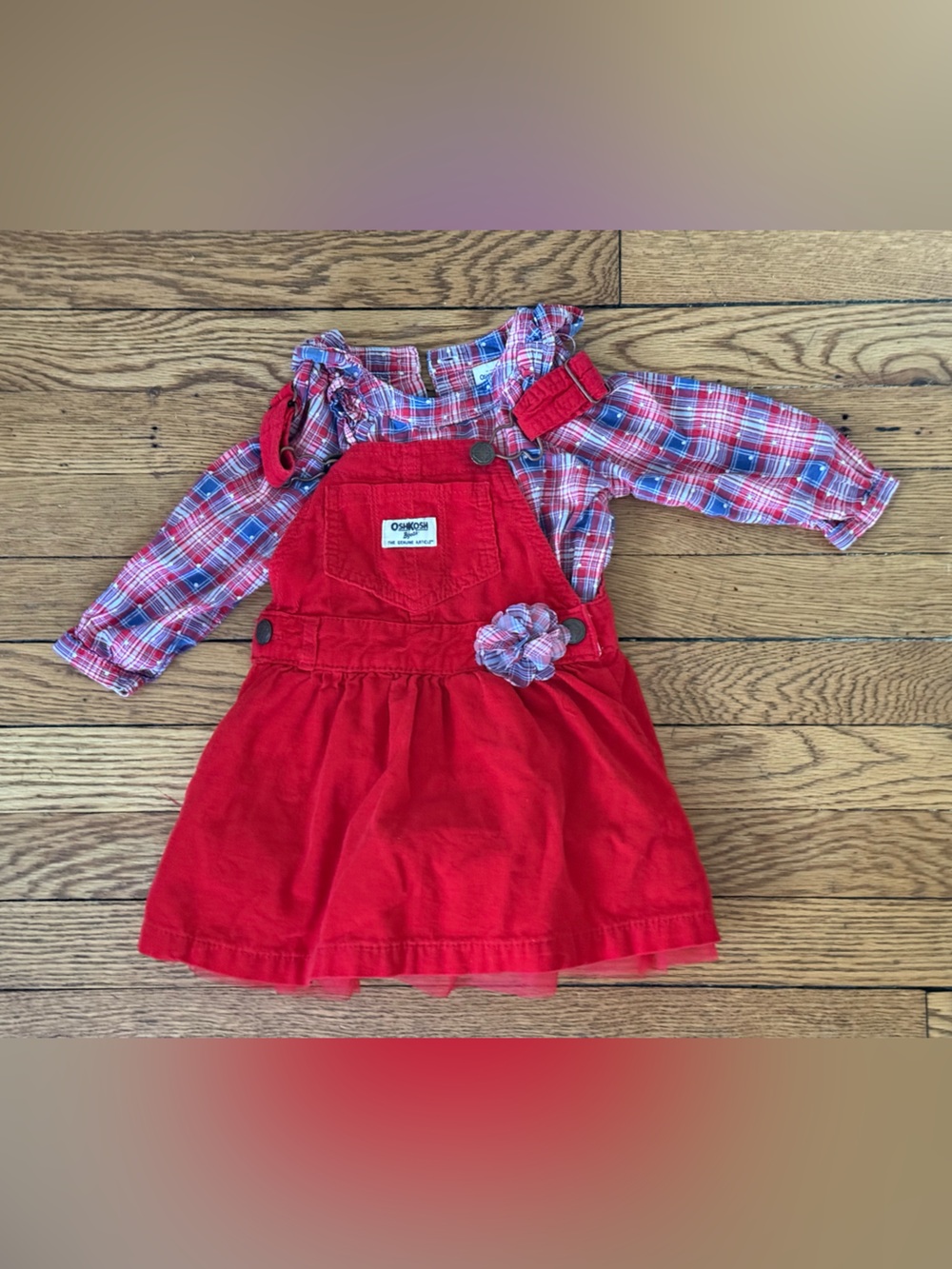 OshKosh B'gosh Red Corduroy Skirtall with Plaid Onesie - Size 18 Months
